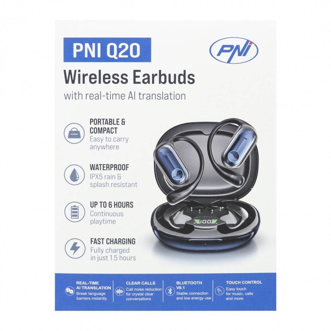 Casti wireless PNI Q20 cu traducere AI in timp real, Bluetooth 6.1, reducere zgomot apel, aplicatie dedicata, IPX5, 600 minute de traducere AI/luna