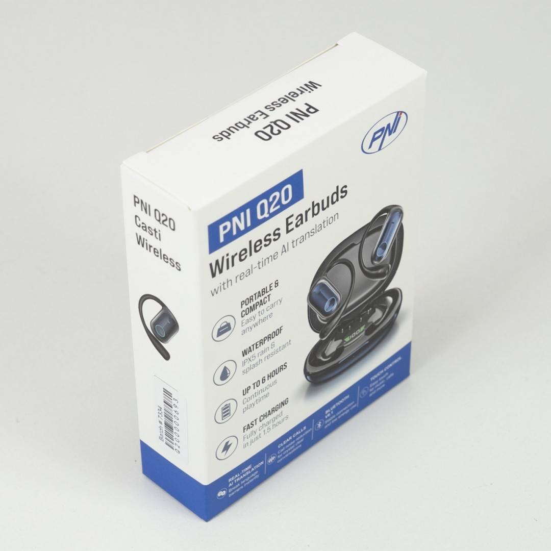 Casti wireless PNI Q20 cu traducere AI in timp real, Bluetooth 6.1, reducere zgomot apel, aplicatie dedicata, IPX5, 600 minute de traducere AI/luna