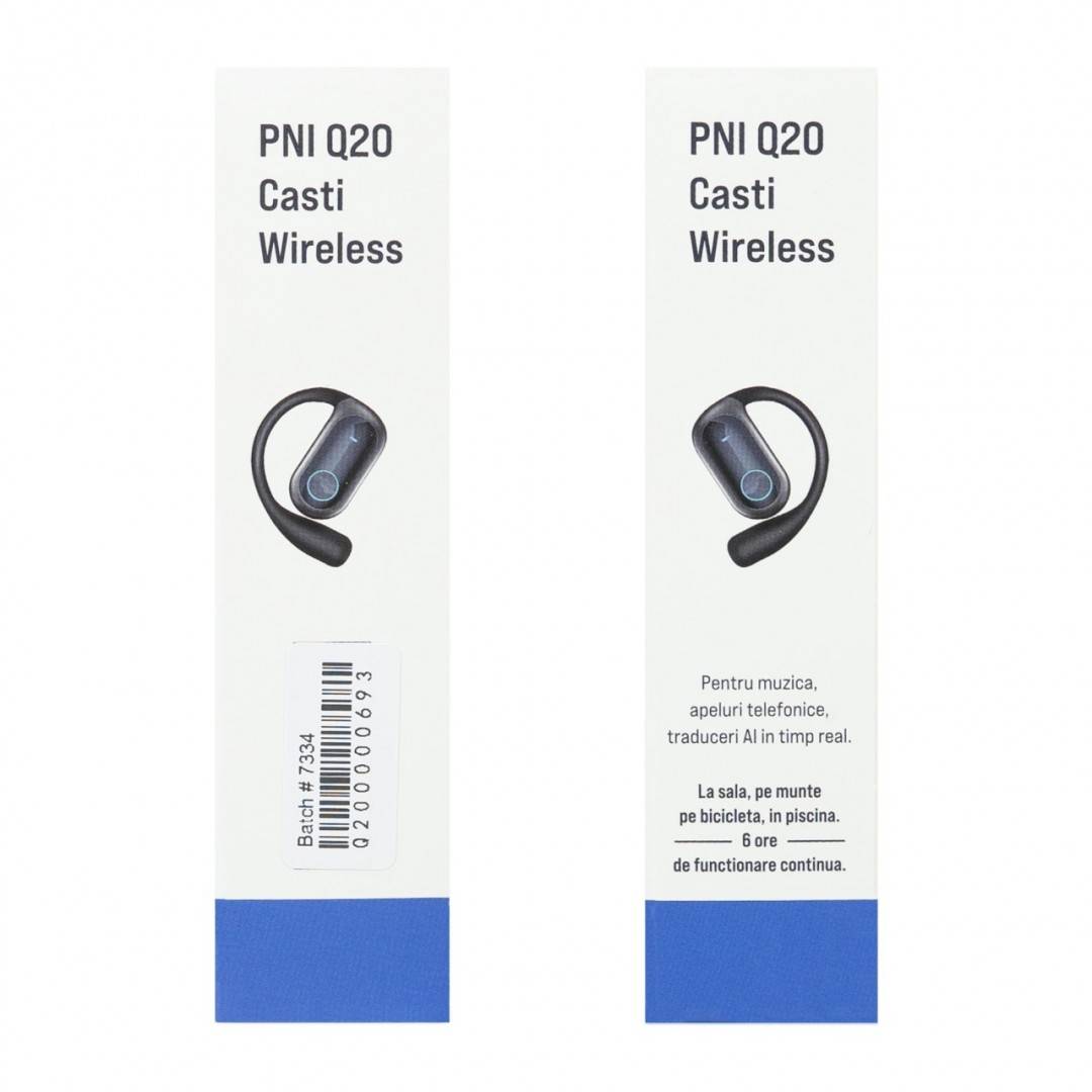 Casti wireless PNI Q20 cu traducere AI in timp real, Bluetooth 6.1, reducere zgomot apel, aplicatie dedicata, IPX5, 600 minute de traducere AI/luna