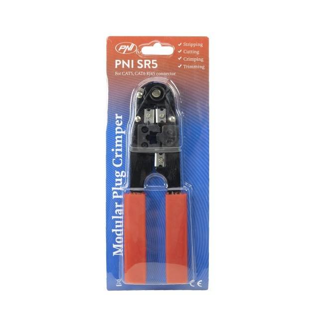 Cleste PNI SR5, pentru taiat, dezizolat cablu si sertizat mufe RJ45 CAT5, CAT6, rosu