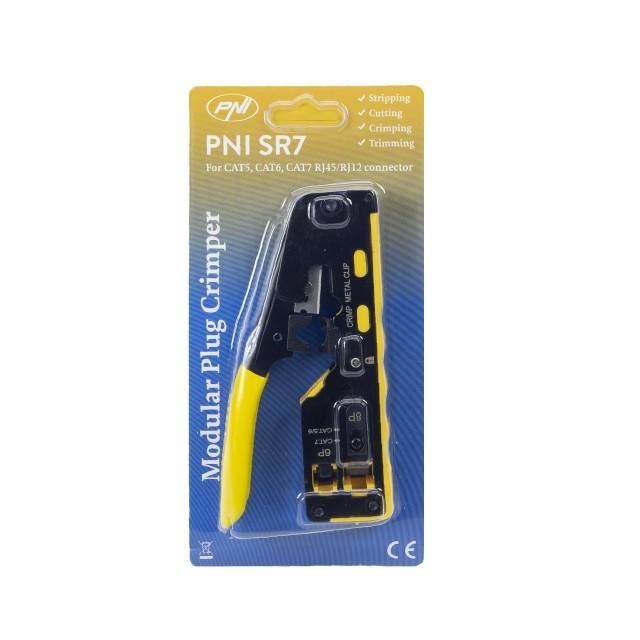 Cleste PNI SR7 pentru taiat, dezizolat cablu si sertizat mufe RJ12, RJ45 CAT5, CAT6, CAT7 CAT8
