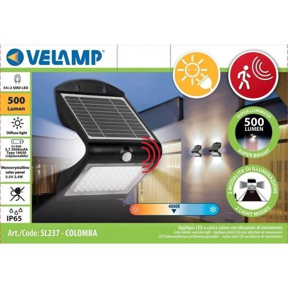 COLOMBA: Lampa LED de perete, 4W (500 lm), cu incarcare solara si senzor de miscare