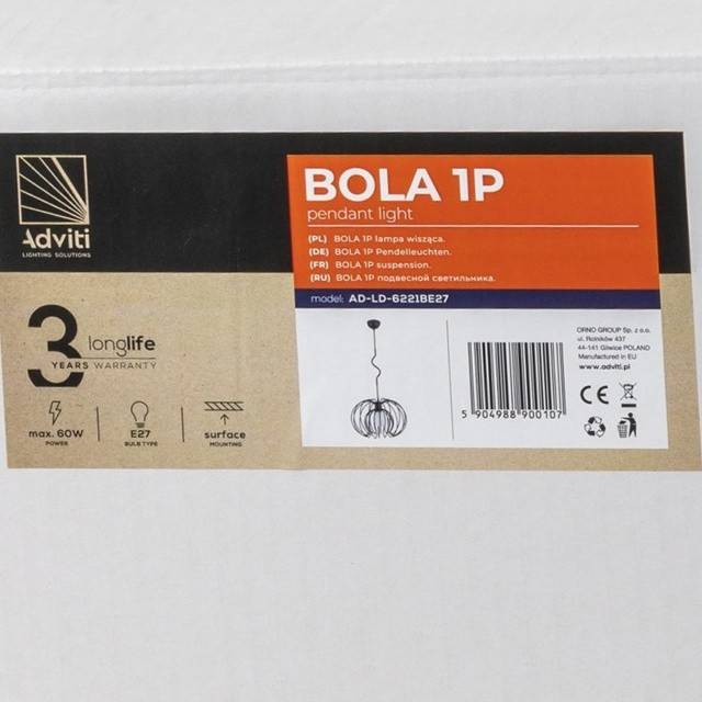 Corp de iluminat suspendat ADVITI BOLA 1P AD-LD-6221BE27, E27, maxim 60W, negru