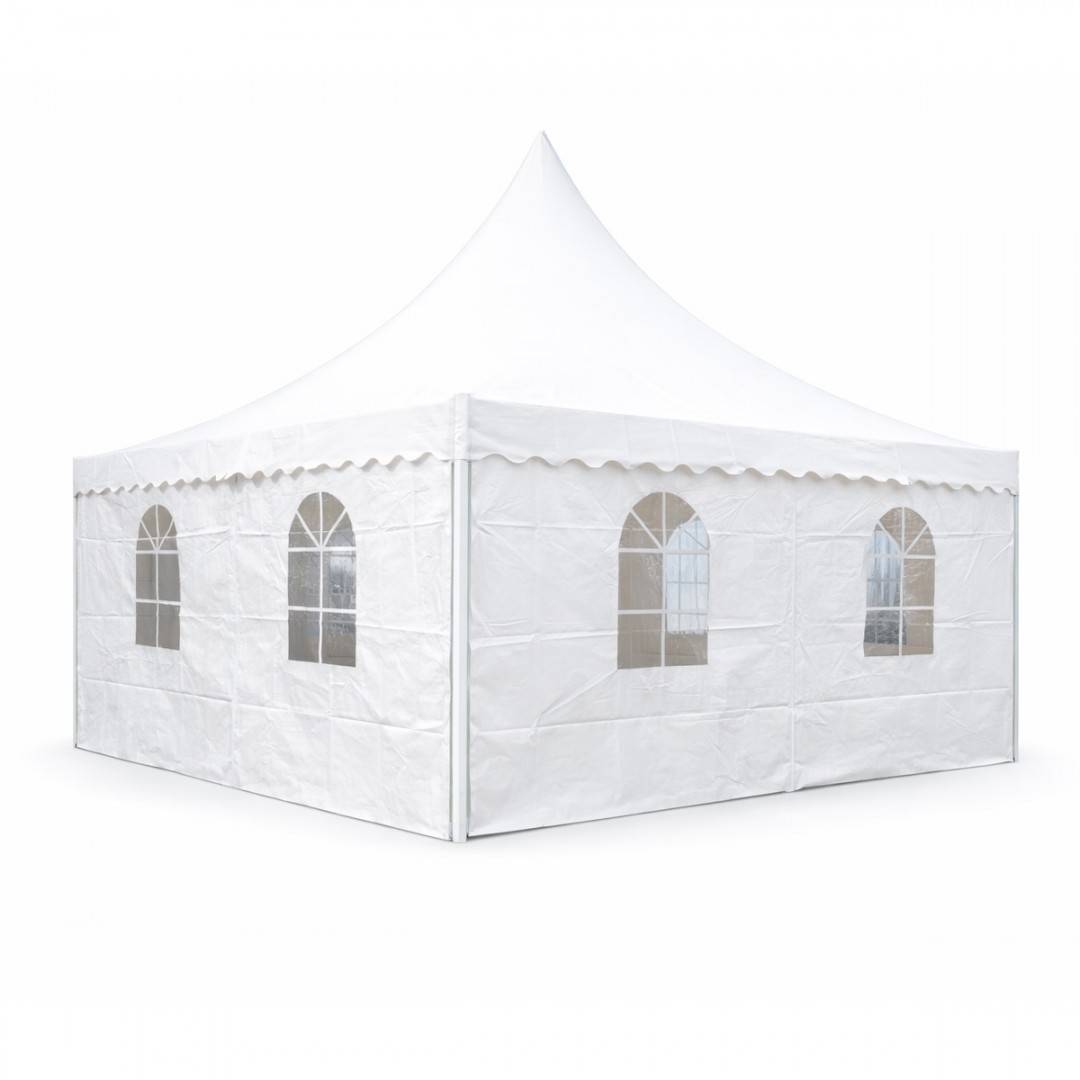 Cort evenimente pavilion tip pagoda 5x5m, alb impermeabil UV, acoperis PVC 750g/m2, cadru otel-aluminiu 48x48x2.5mm