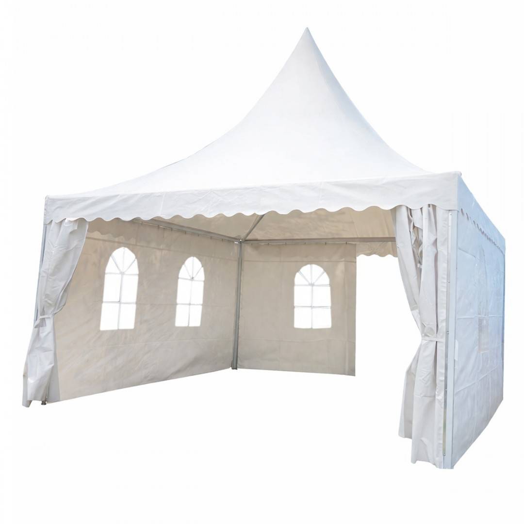 Cort evenimente pavilion tip pagoda 5x5m, alb impermeabil UV, acoperis PVC 750g/m2, cadru otel-aluminiu 48x48x2.5mm