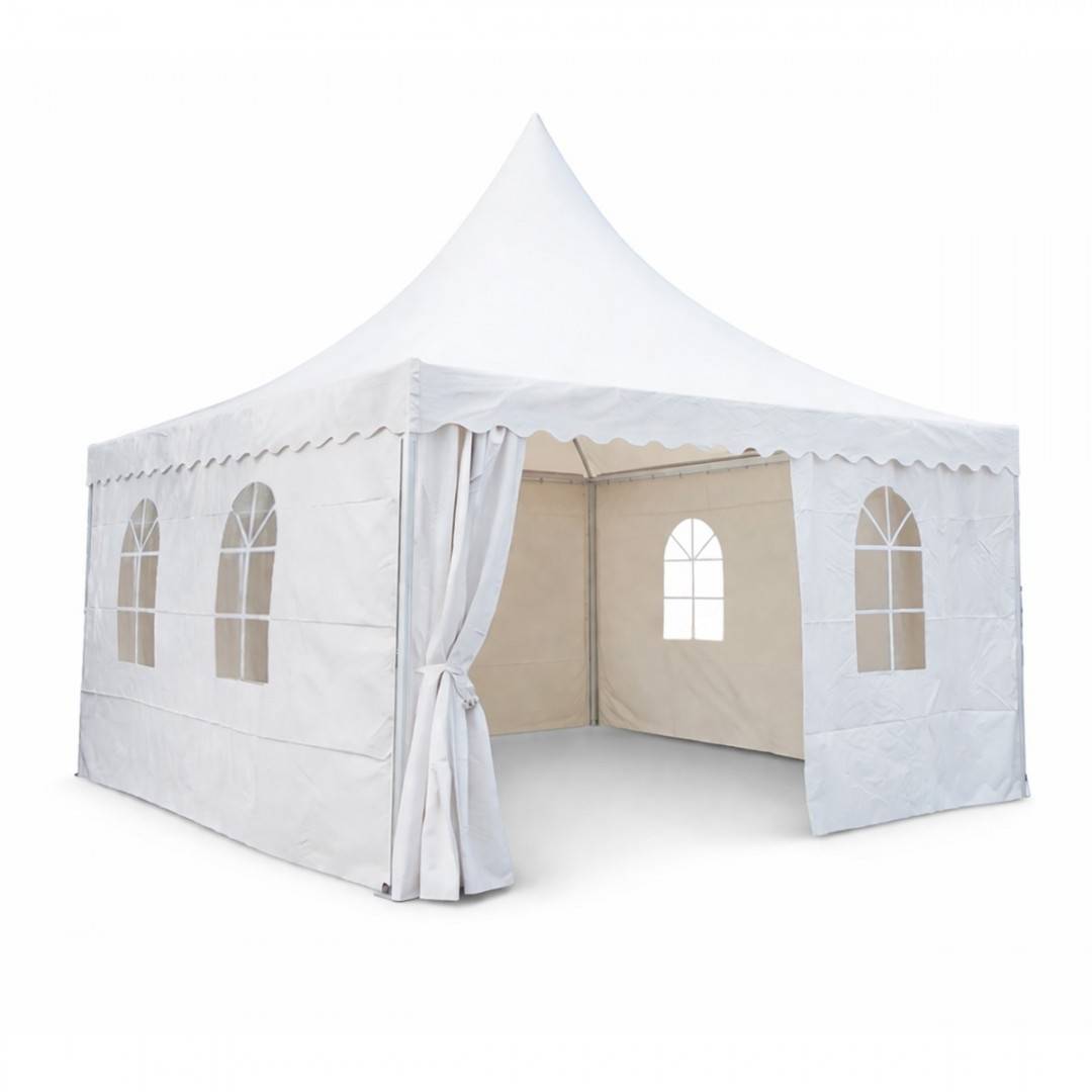 Cort evenimente pavilion tip pagoda 5x5m, alb impermeabil UV, acoperis PVC 750g/m2, cadru otel-aluminiu 48x48x2.5mm