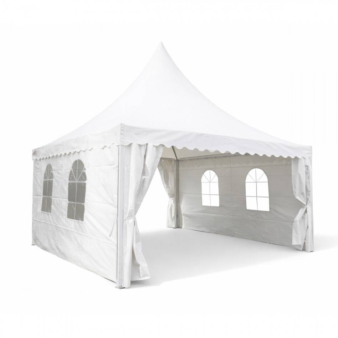 Cort evenimente pavilion tip pagoda 5x5m, alb impermeabil UV, acoperis PVC 750g/m2, cadru otel-aluminiu 48x48x2.5mm