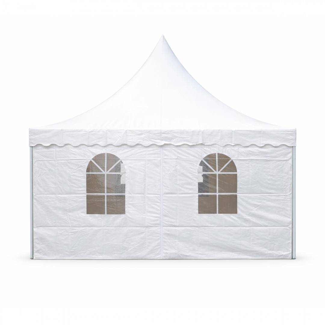 Cort evenimente pavilion tip pagoda 5x5m, alb impermeabil UV, acoperis PVC 750g/m2, cadru otel-aluminiu 48x48x2.5mm