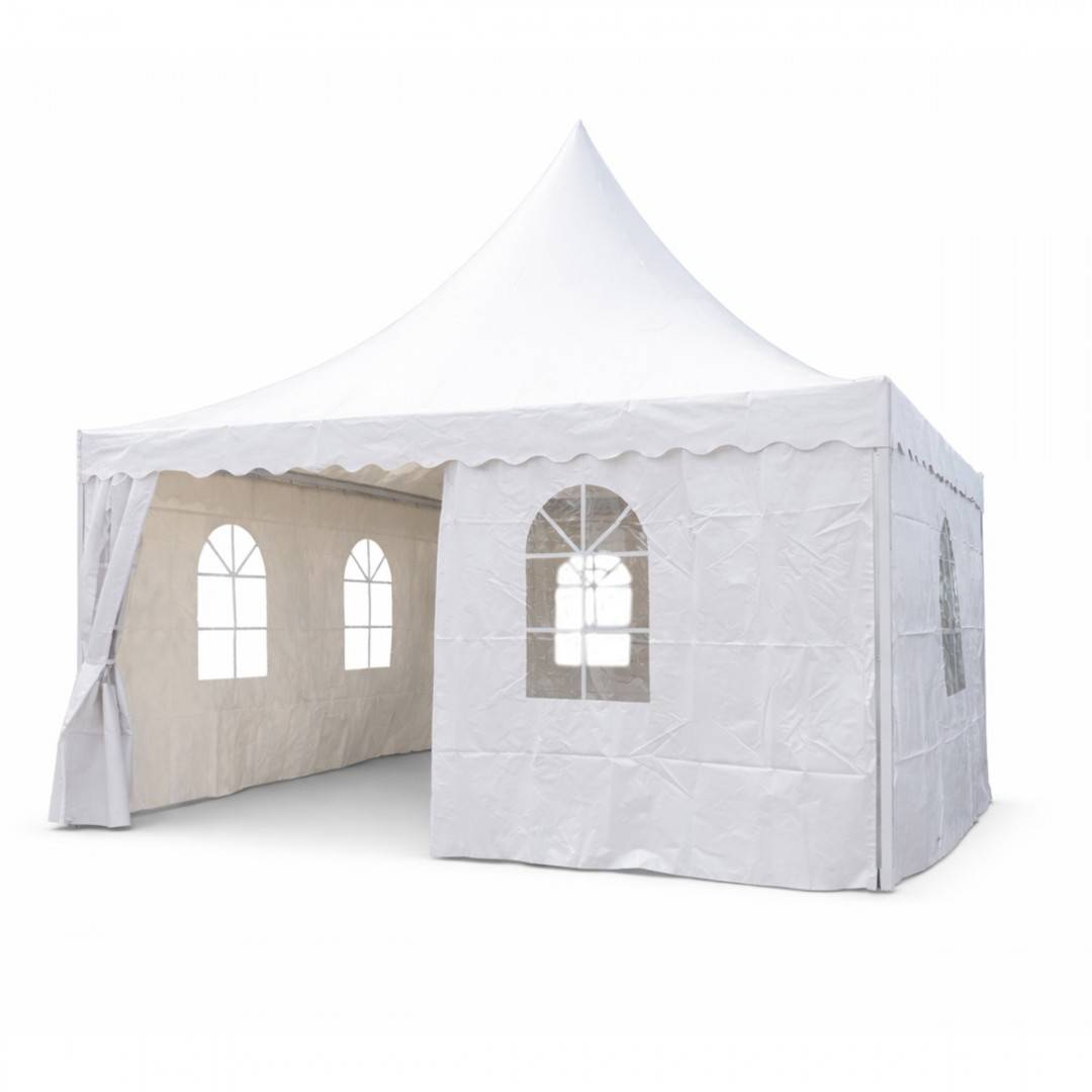 Cort evenimente pavilion tip pagoda 5x5m, alb impermeabil UV, acoperis PVC 750g/m2, cadru otel-aluminiu 48x48x2.5mm