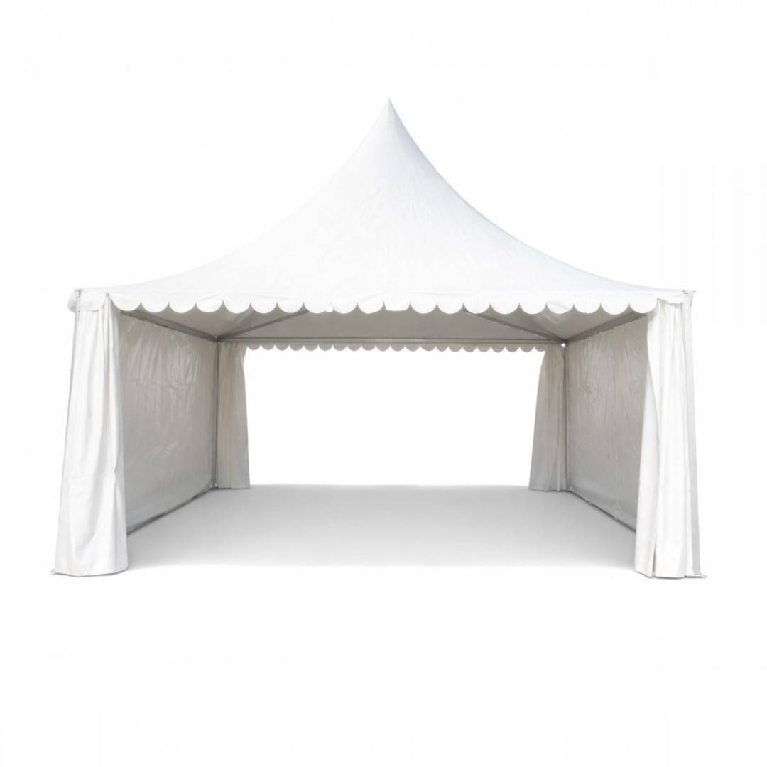 Cort evenimente pavilion tip pagoda 6x6m, alb impermeabil UV, acoperis PVC 950g/m2, cadru aluminiu 64x64x3mm