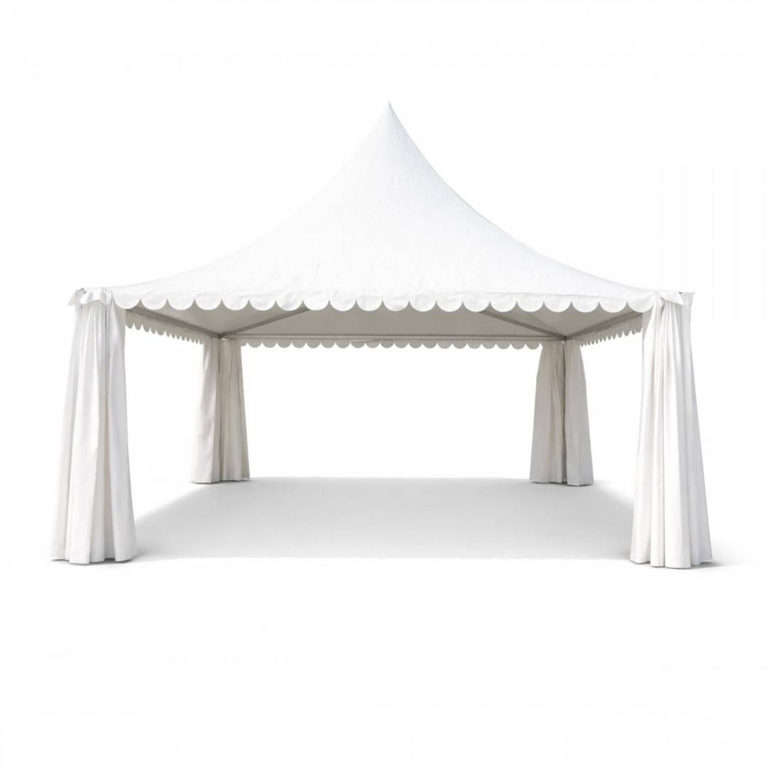 Cort evenimente pavilion tip pagoda 6x6m, alb impermeabil UV, acoperis PVC 950g/m2, cadru aluminiu 64x64x3mm