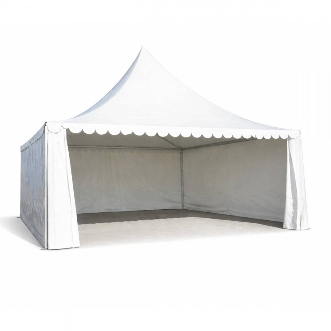 Cort evenimente pavilion tip pagoda 6x6m, alb impermeabil UV, acoperis PVC 950g/m2, cadru aluminiu 64x64x3mm