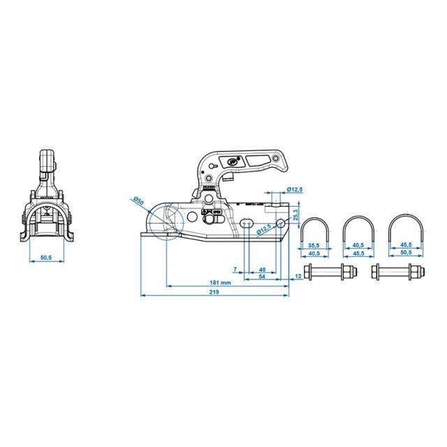 Cuplaj remorca 40/45/50mm 2300 Kg ax rotund cu sistem de franare