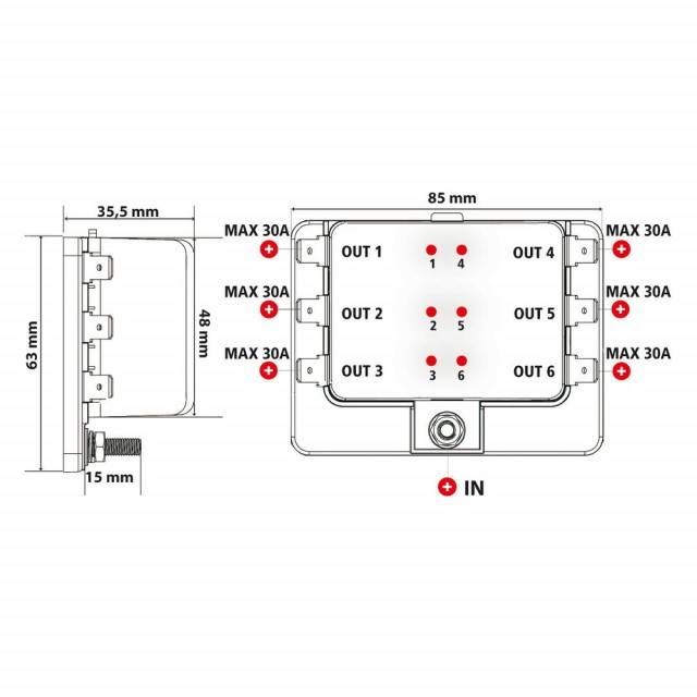 Cutie sigurante 1 intrare 6 iesiri 12/24V - LAMPA