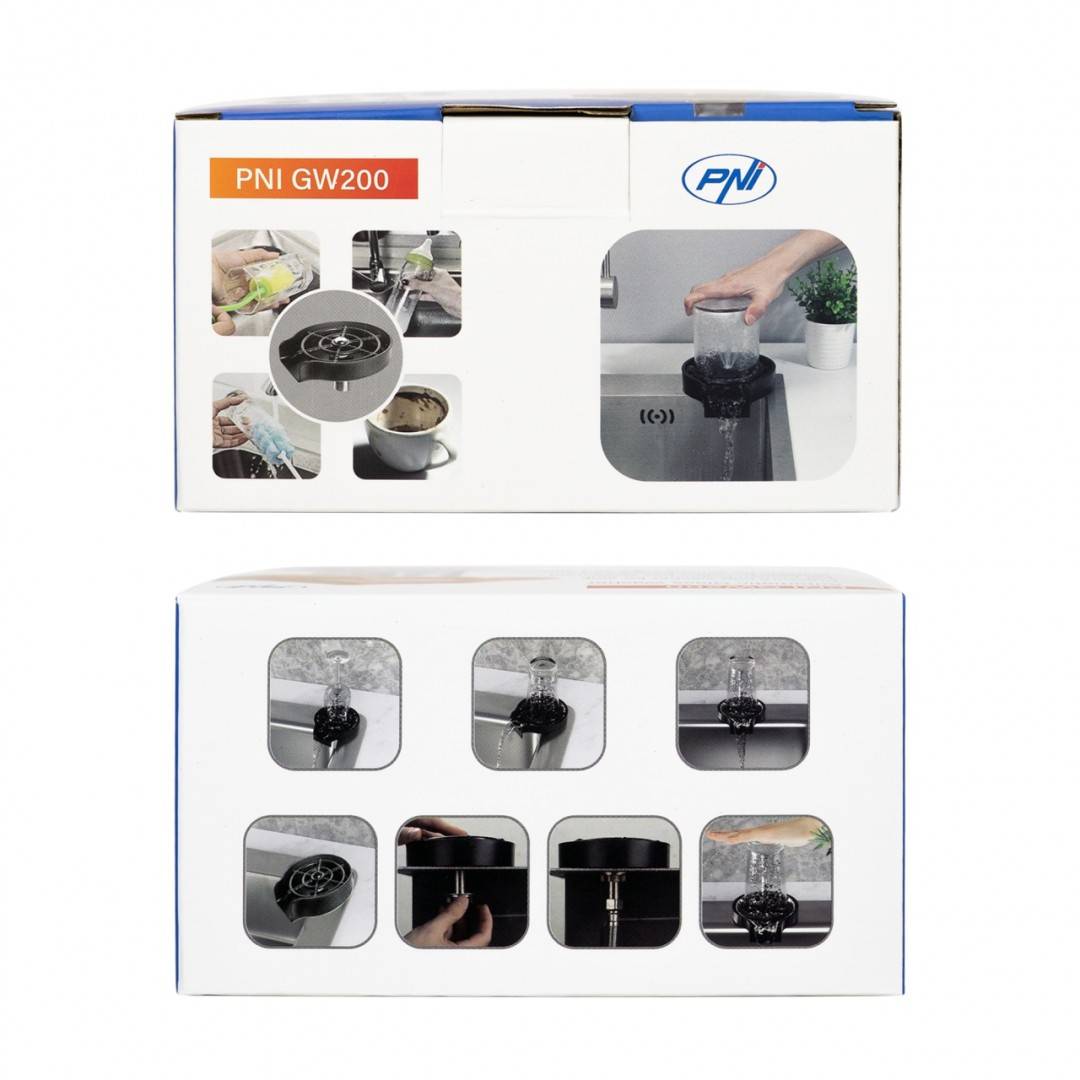 Dispozitiv spalare pahare PNI GW200 pentru bar, restaurant, bucatarie, clatire si spalare rapida, jet cu presiune, racord flexibil inclus, plastic