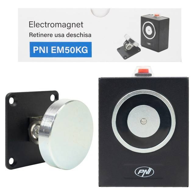 Electromagnet de retinere usa deschisa PNI EM50KG, Fail Safe, prindere pe perete, forta de deschidere 50Kg, 12/24V, negru