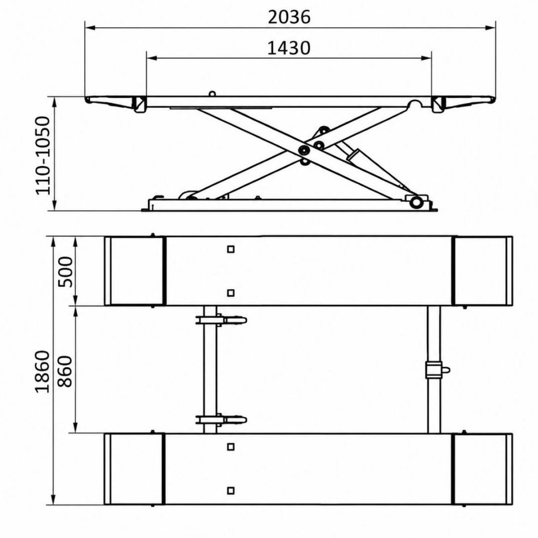 Elevator auto mobil tip foarfeca 220V, 2.2kW, capacitate ridicare 3500kg, deblocare pneumatica, inaltime ridicare 110-1050mm
