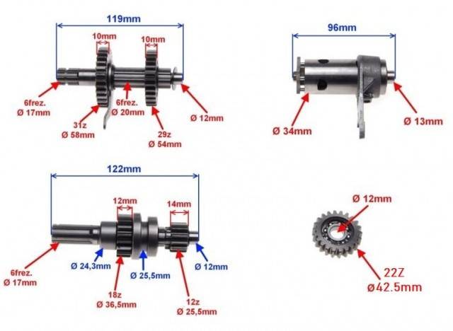 Grup pinioane cutie de viteze ATV 110cc (1+1) Selector inclus
