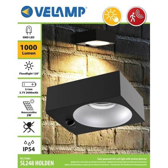 HOLDEN: Lampa solara LED de perete, 1000 lumeni, cu senzor de miscare. Negru