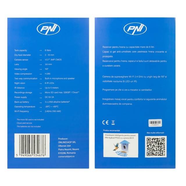 Hranitoare inteligenta pentru caini si pisici PNI MyPet PT036 cu camera 3MP incorporata, capacitate rezervor hrana 6 litri, control din Tuya Smart,