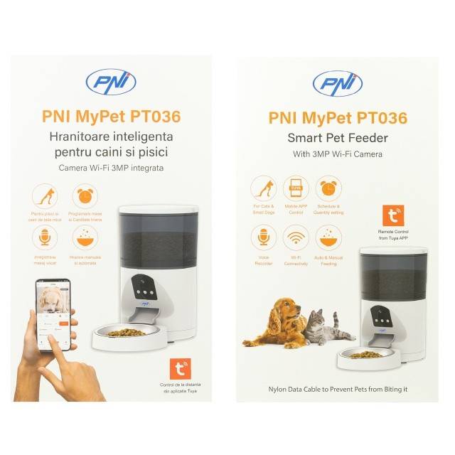 Hranitoare inteligenta pentru caini si pisici PNI MyPet PT036 cu camera 3MP incorporata, capacitate rezervor hrana 6 litri, control din Tuya Smart,