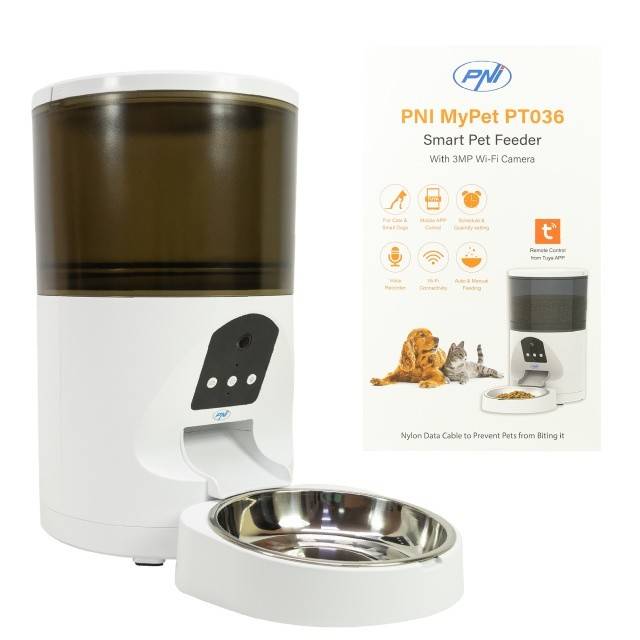 Hranitoare inteligenta pentru caini si pisici PNI MyPet PT036 cu camera 3MP incorporata, capacitate rezervor hrana 6 litri, control din Tuya Smart,