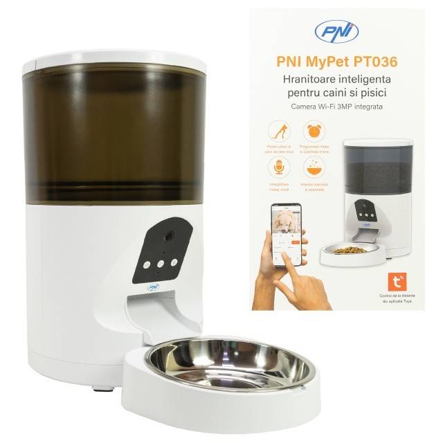 Hranitoare inteligenta pentru caini si pisici PNI MyPet PT036 cu camera 3MP incorporata, capacitate rezervor hrana 6 litri, control din Tuya Smart,