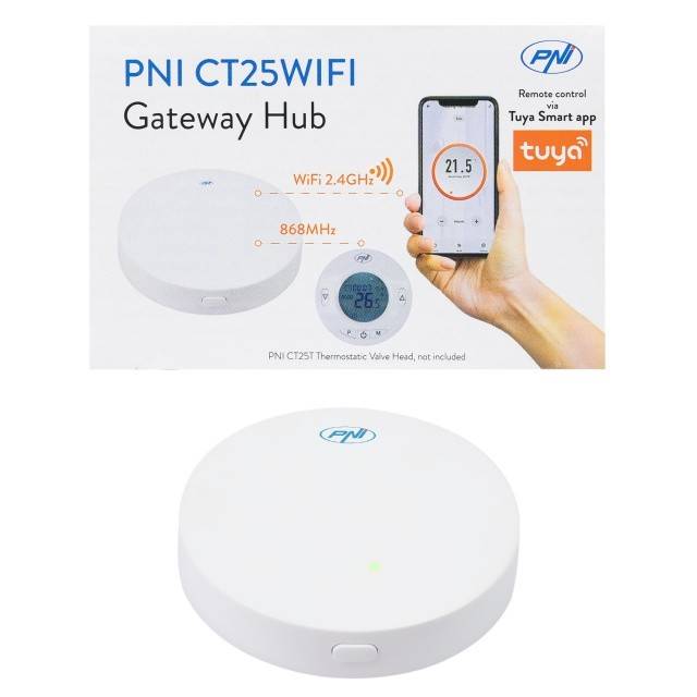 Hub Internet PNI CT25WIFI pentru Cap termostatic PNI CT25T, pentru control temperatura calorifere din aplicatie mobil Tuya Smart, integrare in