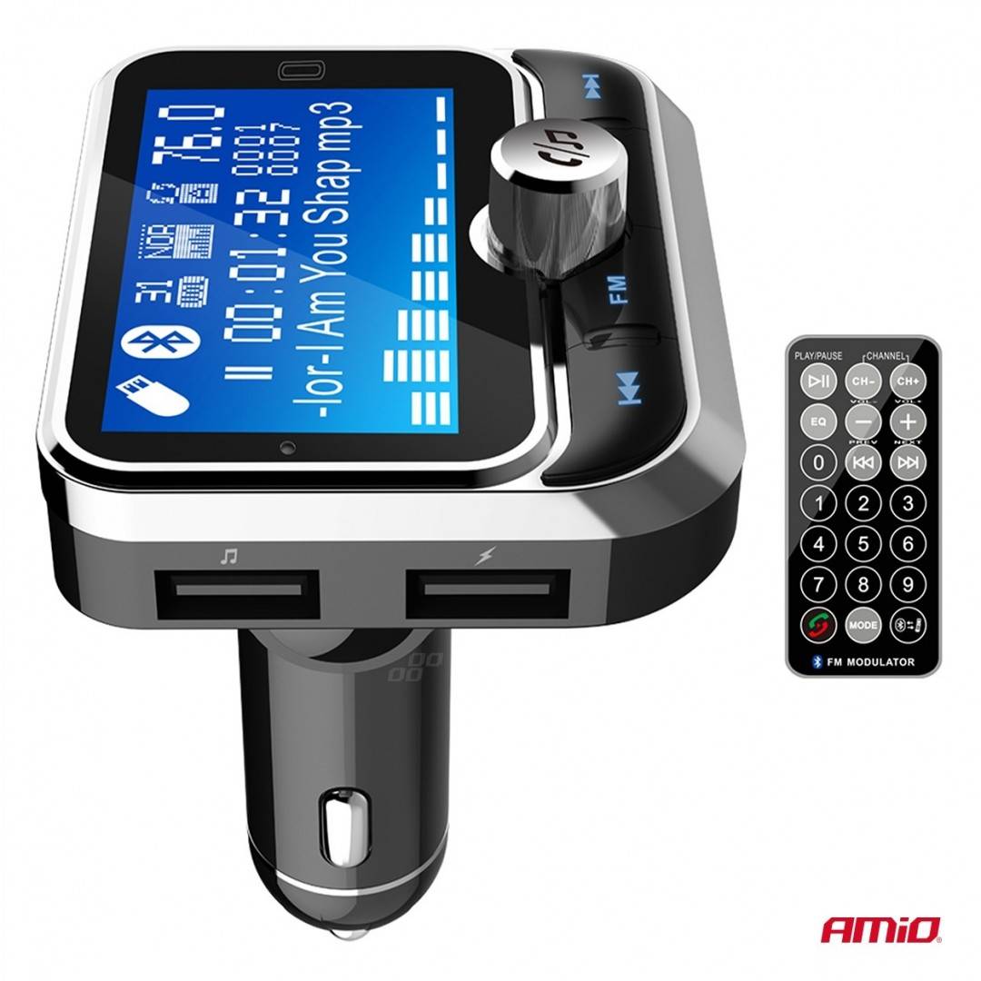 Incarcator - Modulator FM - Bluetooth 2×USB-A 12V 24V cu telecomanda Amio