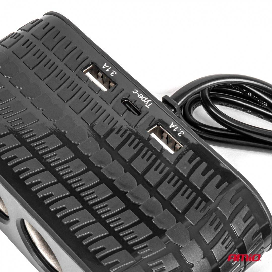 Incarcator auto cu priza tripla + USB (2x USB-A, 1x USB-C), 12/24V, 120W, cablu 80 cm