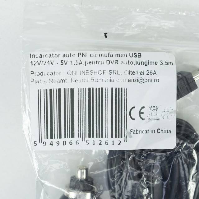 Incarcator auto PNI cu mufa mini USB 12V/24V - 5V 1.5A, pentru DVR auto, lungime cablu 3.5m