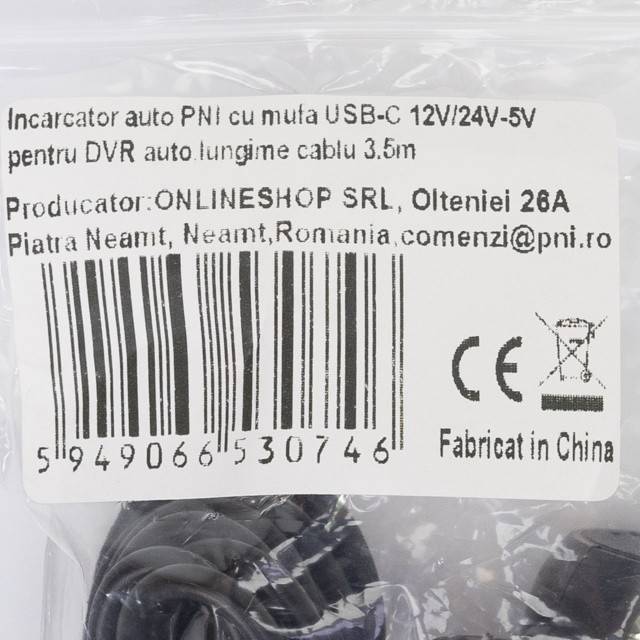 Incarcator auto PNI cu mufa USB-C 12V/24V - 5V, pentru DVR auto, lungime cablu 3.5m