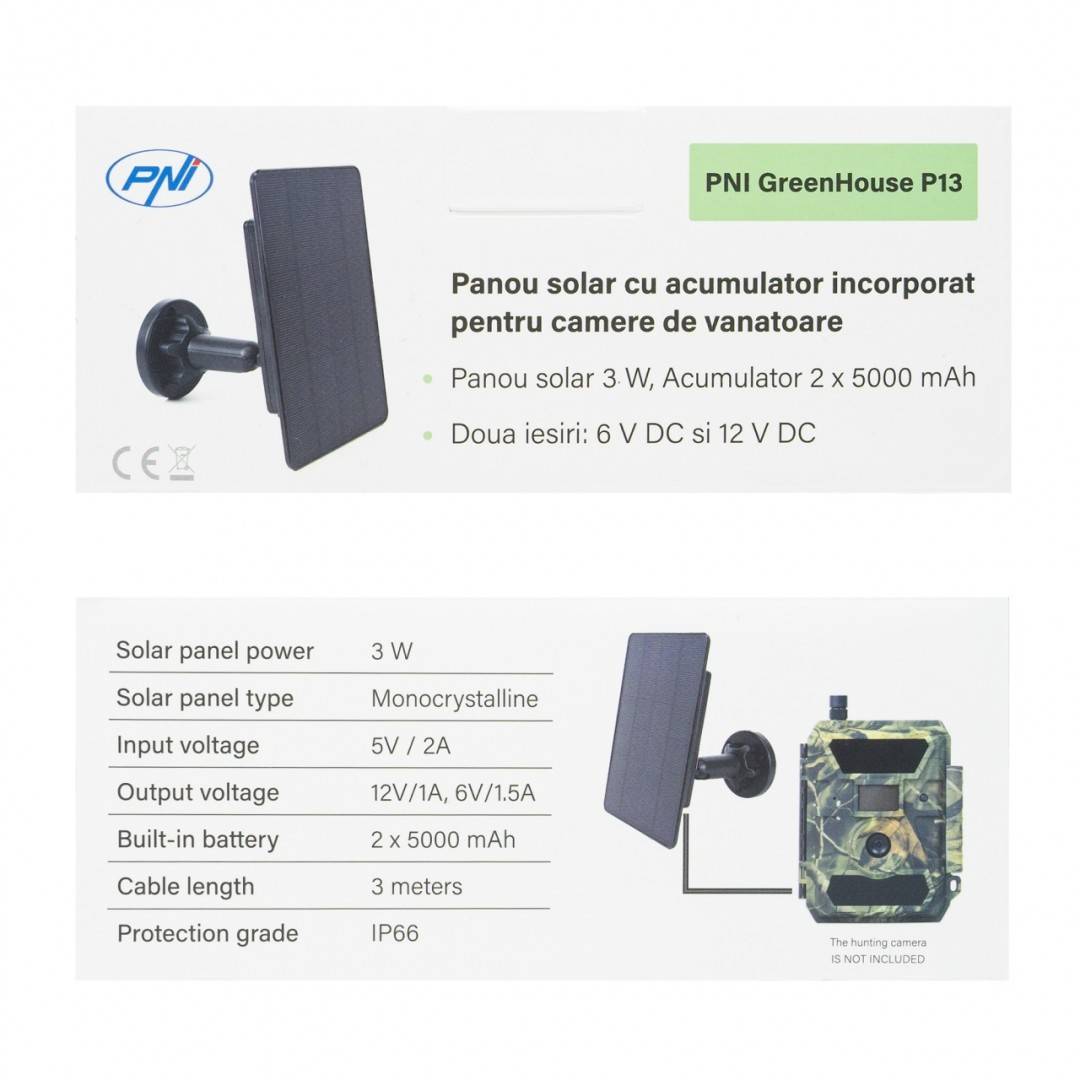 Incarcator solar PNI GreenHouse P13 iesire 6V si 12V, 3W, acumulator Li-Ion 5200 mAh, IP66 pentru camere de vanatoare