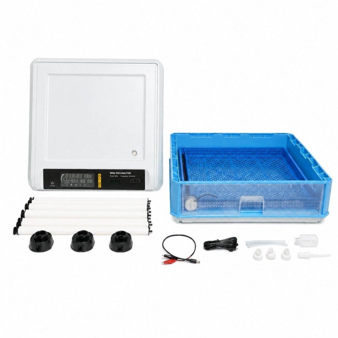 Incubator automat 100 oua 80W, 12V-220V, rotire automata, ovoscop LED, control temperatura, umiditate, afisaj digital, alarma
