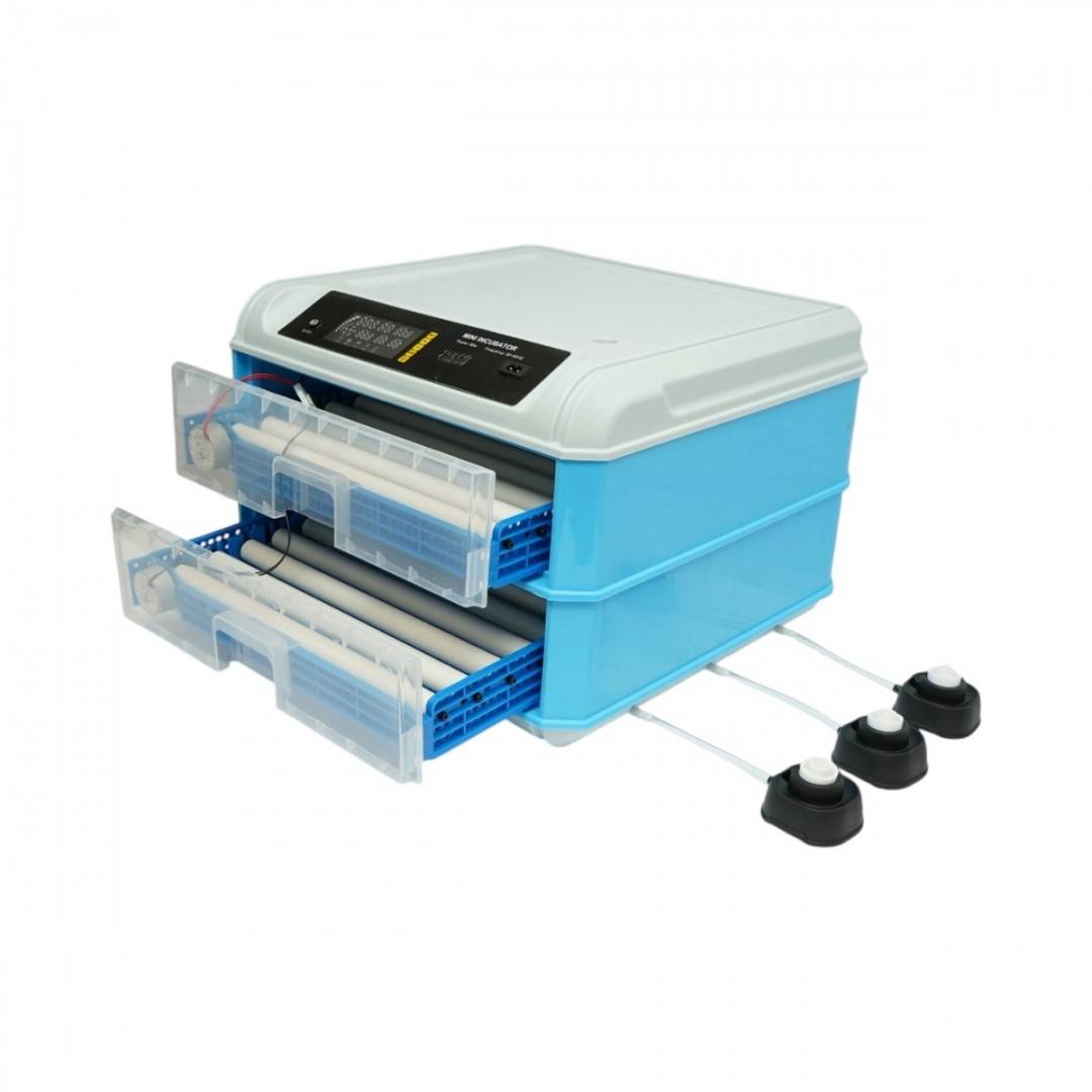 Incubator automat 128 oua 80W, 12V-220V, rotire automata, ovoscop LED, control temperatura, umiditate, afisaj digital, alarma