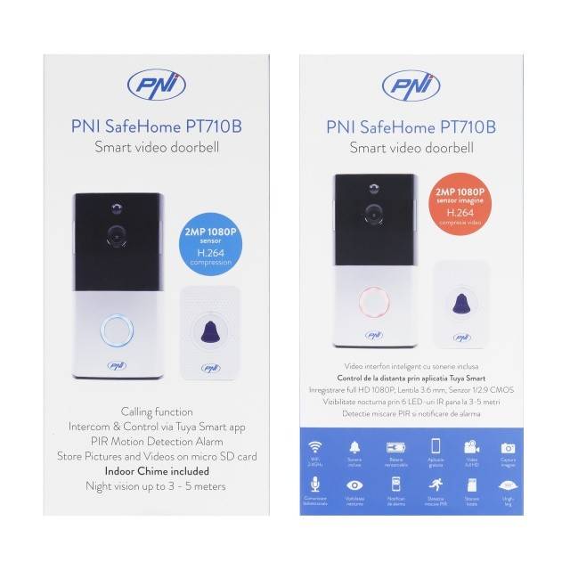 Interfon video inteligent PNI SafeHome PT710B WiFi HD, P2P, acumulator si Sonerie 36 melodii inclusa, aplicatie dedicata Tuya Smart, integrare in