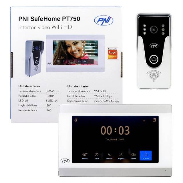 Interfon video inteligent PNI SafeHome PT750 WiFi HD, P2P, monitor interior, aplicatie dedicata Tuya Smart, integrare in scenarii si automatizari