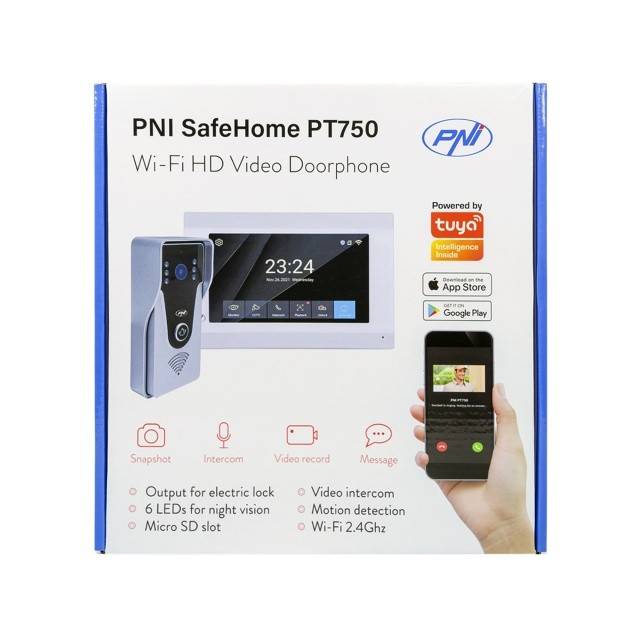 Interfon video inteligent PNI SafeHome PT750 WiFi HD, P2P, monitor interior, aplicatie dedicata Tuya Smart, integrare in scenarii si automatizari
