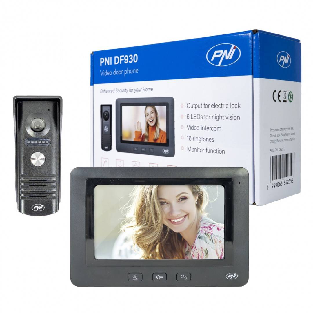 Interfon video PNI DF930 cu 1 monitor, ecran LCD 7 inch, 800x480, iesire yala electromagnetica, negru