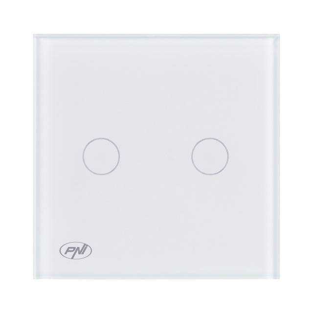 Intrerupator cap scara si cap cruce dublu cu touch PNI CS202W din sticla, alb cu LED indicator, 800W / intrerupator