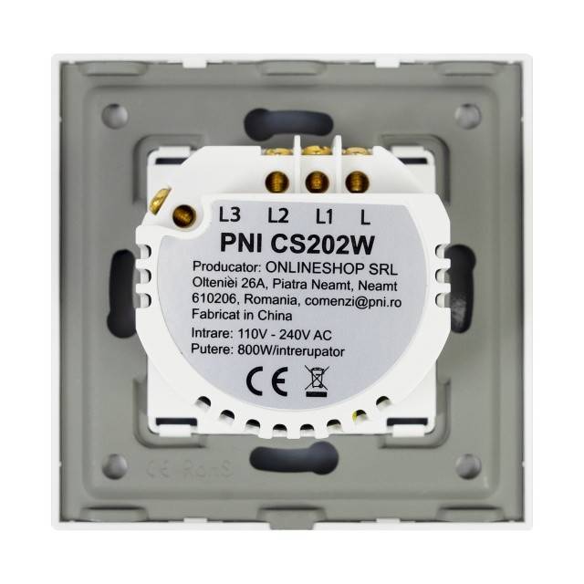 Intrerupator cap scara si cap cruce dublu cu touch PNI CS202W din sticla, alb cu LED indicator, 800W / intrerupator
