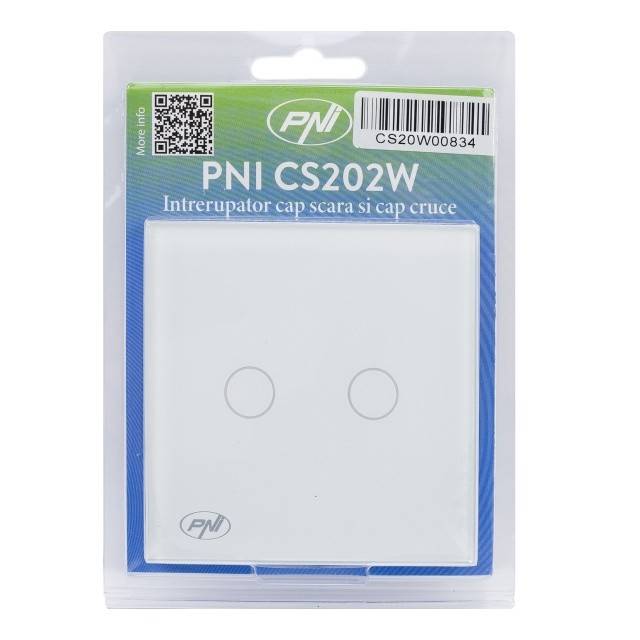 Intrerupator cap scara si cap cruce dublu cu touch PNI CS202W din sticla, alb cu LED indicator, 800W / intrerupator