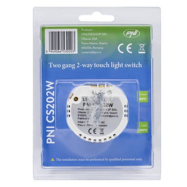 Intrerupator cap scara si cap cruce dublu cu touch PNI CS202W din sticla, alb cu LED indicator, 800W / intrerupator