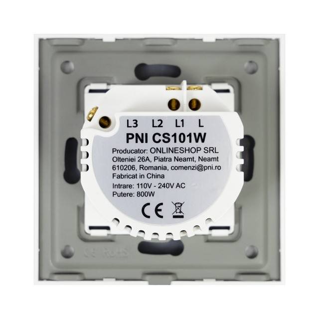 Intrerupator cap scara si cap cruce simplu cu touch PNI CS101W din sticla, alb cu LED indicator, 800W