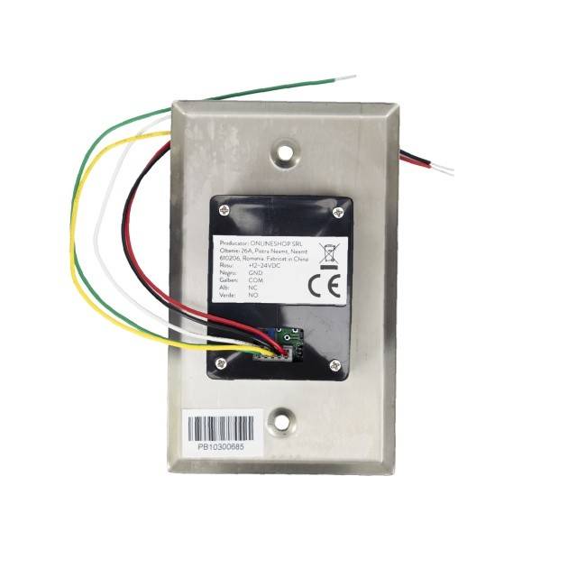 Intrerupator de acces incastrabil PNI PB103, fara atingere, NO/NC/COM, 12V/24V DC, LED stare, metalic, 5 fire