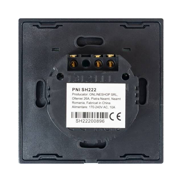 Intrerupator dublu cu touch PNI SH222 din sticla, negru cu LED indicator, 10A, 2X200W