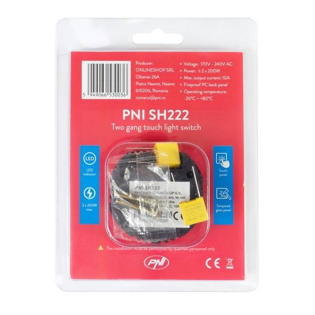 Intrerupator dublu cu touch PNI SH222 din sticla, negru cu LED indicator, 10A, 2X200W
