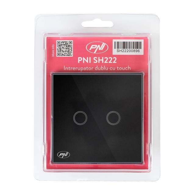 Intrerupator dublu cu touch PNI SH222 din sticla, negru cu LED indicator, 10A, 2X200W