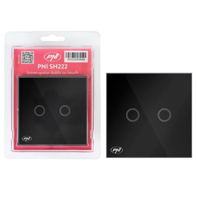Intrerupator dublu cu touch PNI SH222 din sticla, negru cu LED indicator, 10A, 2X200W