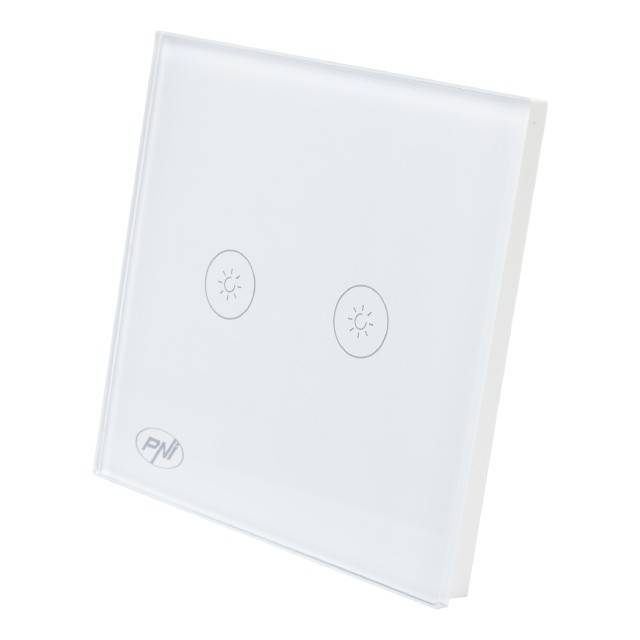 Intrerupator dublu cu touch si dimmer PNI SafeHome DIM202, 2X700W, Live Wire, fara nul, sticla